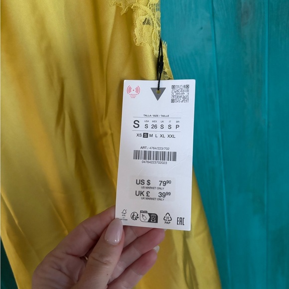 ZARA Lemon Satin Slip Dress with Lace Trim - Picture 5 of 9